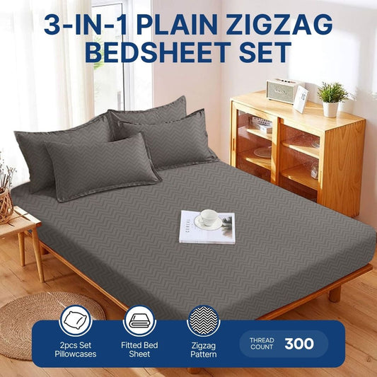 3-in-1 Plain Grey Zigzag Bedsheet Set – Fully Garterized Fitted Sheet with 2 Chevron Design Pillowcases