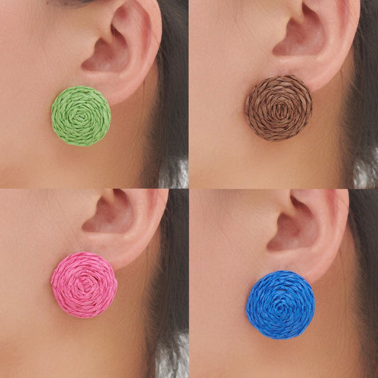 Ethnic Style Boho Raffia Rattan Earrings Handmade Solid Color Raffia Straw Stud Round Earrings Women