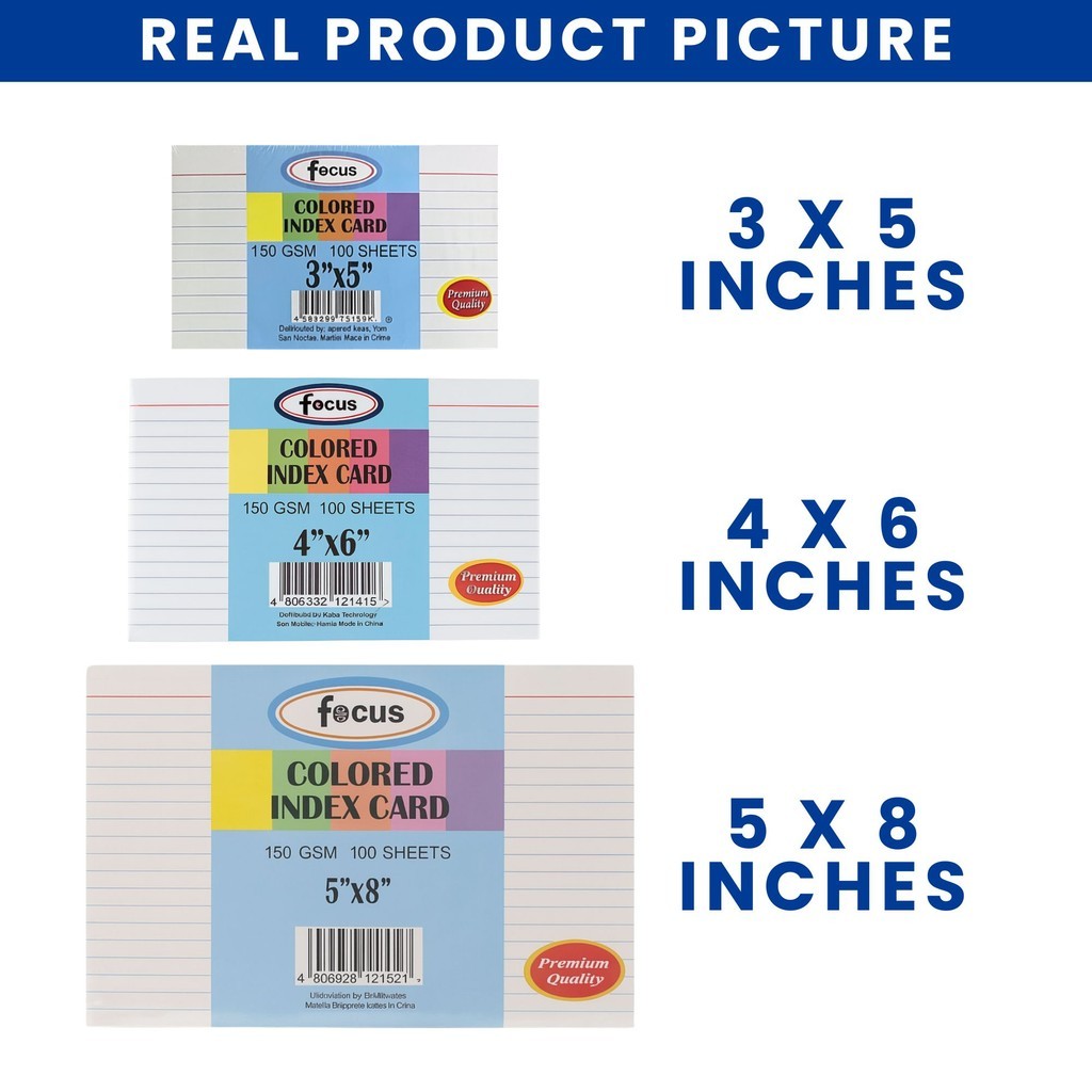 Fouce Index Card Colored Lined Premium Quality 150gsm 100 Sheets per Pack Size 3x5 4x6 5x8