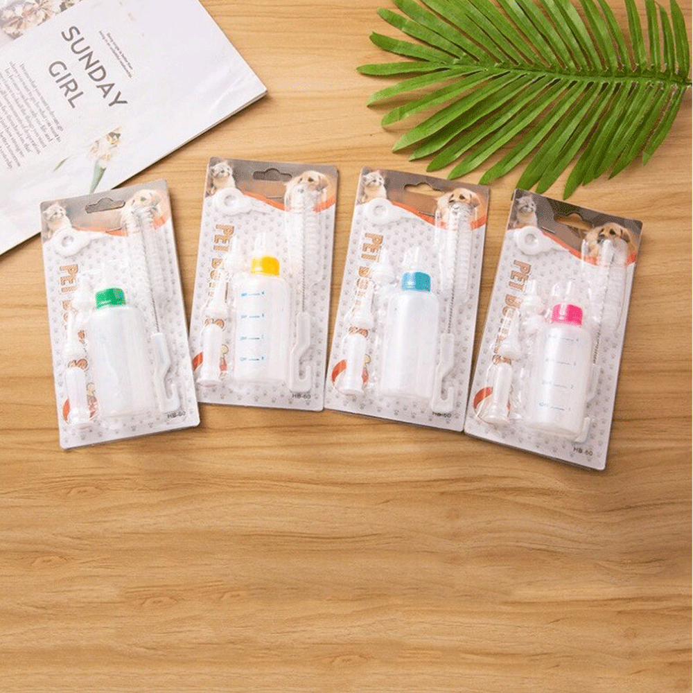 60ml Pet Nursing Bottle Set with Soft Nipples & Cleaning Brush – Newborn Kitten Puppy Feeder
