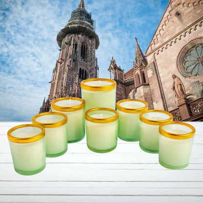 Smokeless White Glass Candle with Gold Rim – Available in 4 Sizes – Clean Burning Tapered Wax