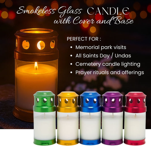 Smokeless Memorial Glass Candle with Metal Cover & Base 13.5x7cm – All Saints Day Cemetery