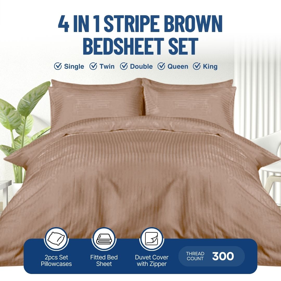 4-in-1 Brown Stripe Bedsheet Set with 2 Pillowcases, Fitted Sheet, and Zippered Duvet Cover