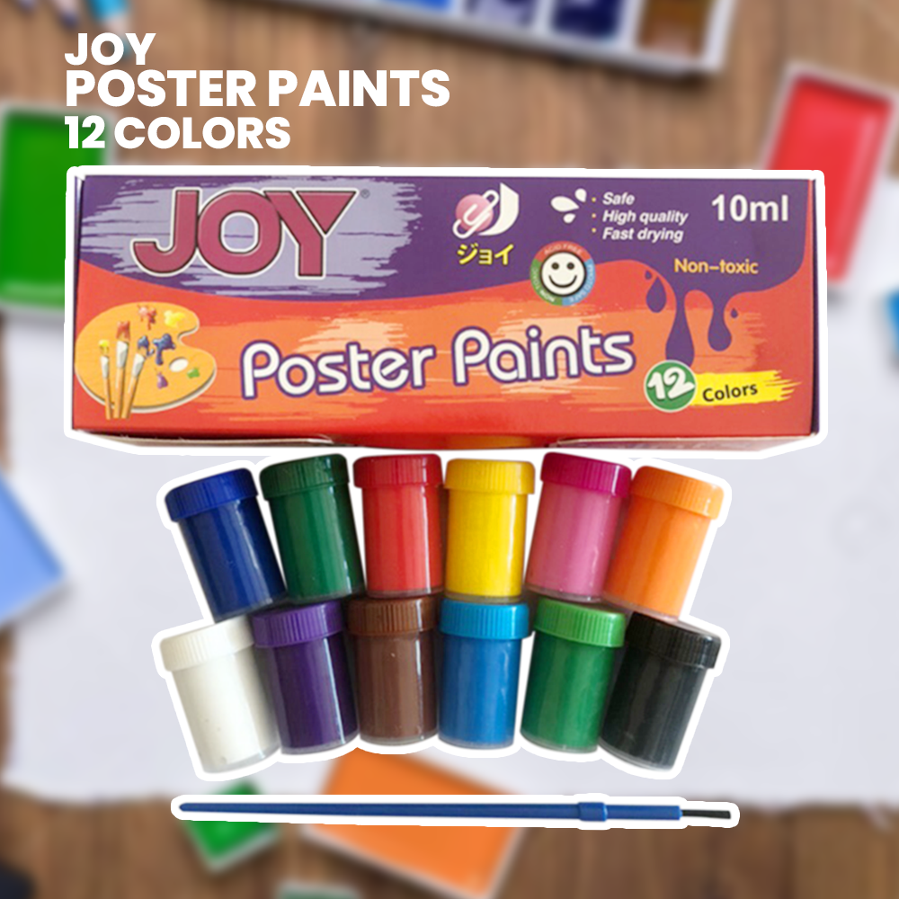 Joy Poster Paints Set 12 Colors 10ml with Brush - Non-Toxic, Washable, Water-Based, Art Supplies for Kids & Students
