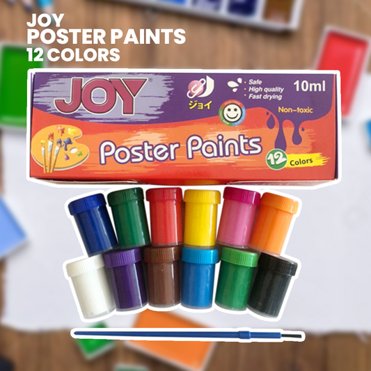 Joy Poster Paints Set 12 Colors 10ml with Brush - Non-Toxic, Washable, Water-Based, Art Supplies for Kids & Students