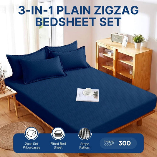 3-in-1 Plain Dark Blue Zigzag Bedsheet Set – Fully Garterized Fitted Sheet with 2 Chevron Design Pillowcases