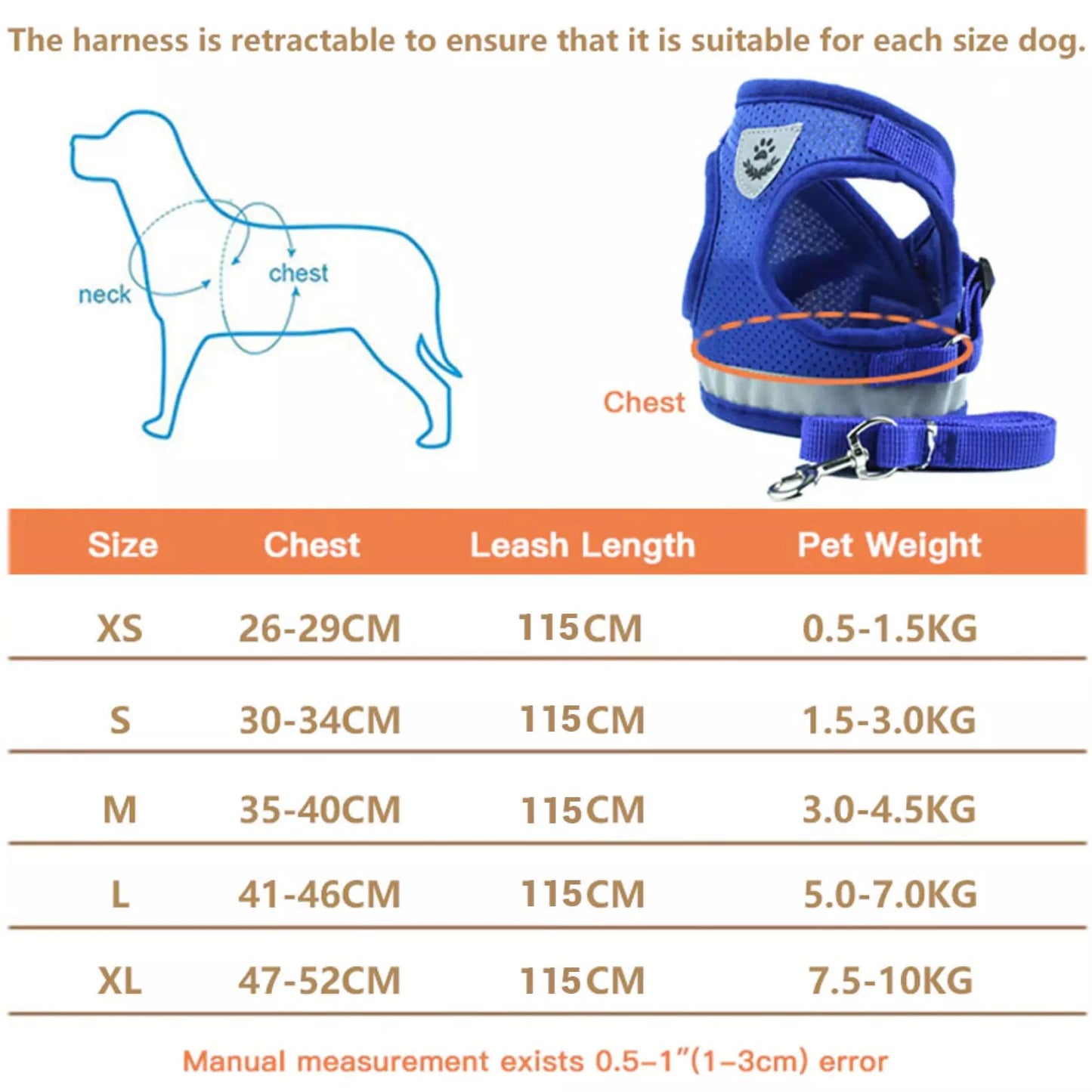 Adjustable Breathable Pet Harness with Leash for Small Dogs & Cats - No Pull Vest, Reflective Safety Design