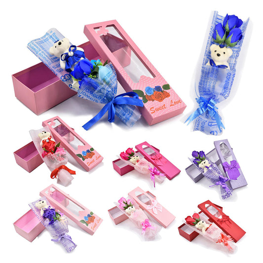 1pc Bear Valentines Romantic Rose Bouquet Flowers Artificial Roses Gift Box Birthday Gift