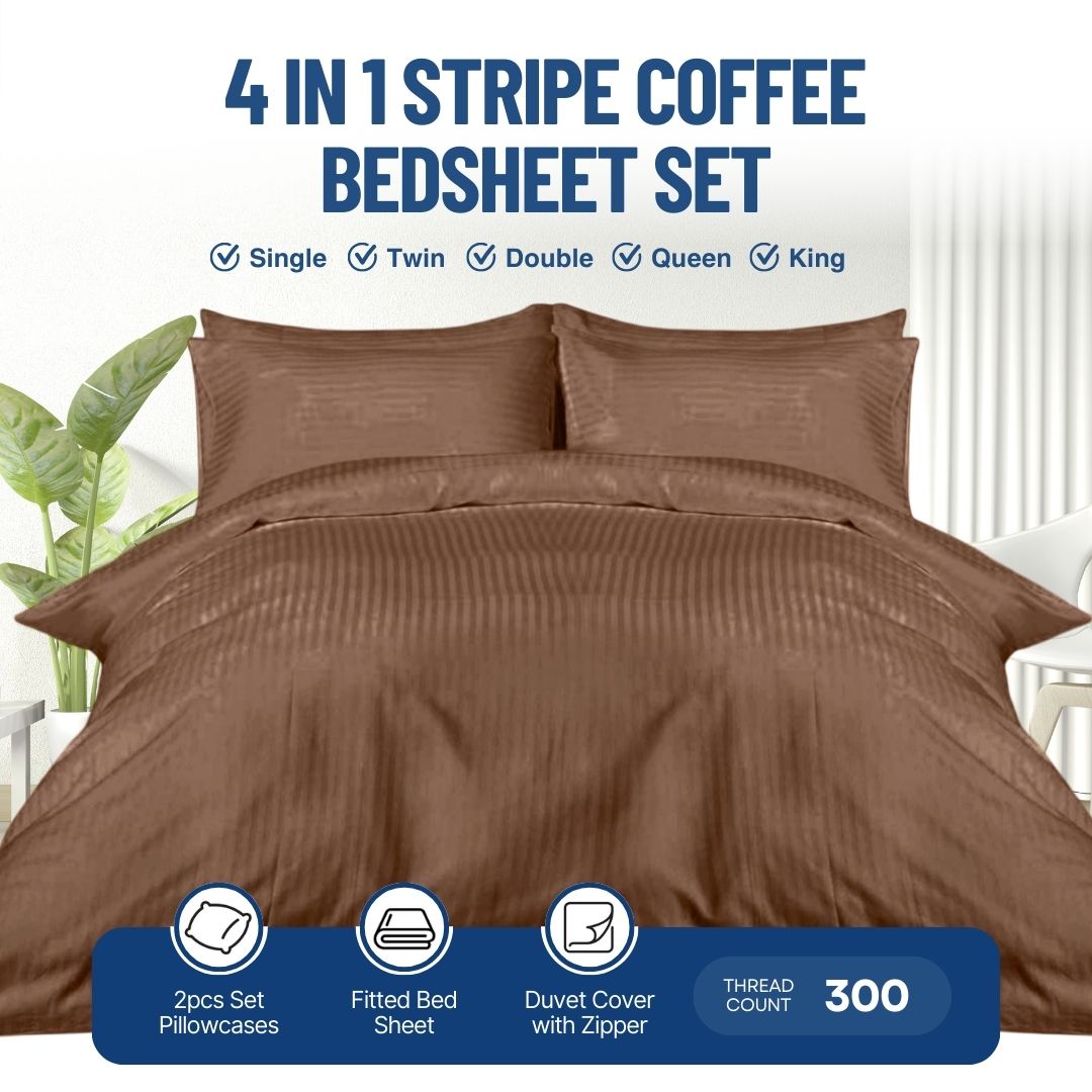 4-in-1 Coffee Stripe Bedsheet Set with 2 Pillowcases, Fitted Sheet, and Zippered Duvet Cover