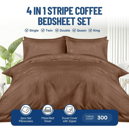 4-in-1 Coffee Stripe Bedsheet Set with 2 Pillowcases, Fitted Sheet, and Zippered Duvet Cover