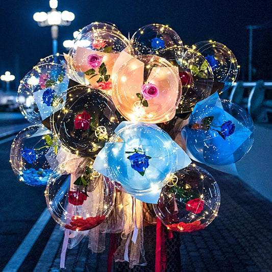 LED Luminous Balloon Rose Bouquet Transparent Ball Rose Valentines Day Gift Balloons