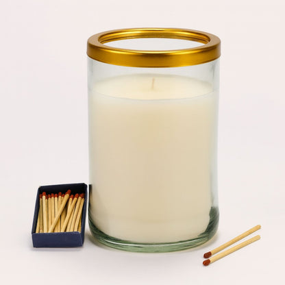 Smokeless White Glass Candle with Gold Rim – Available in 4 Sizes – Clean Burning Tapered Wax