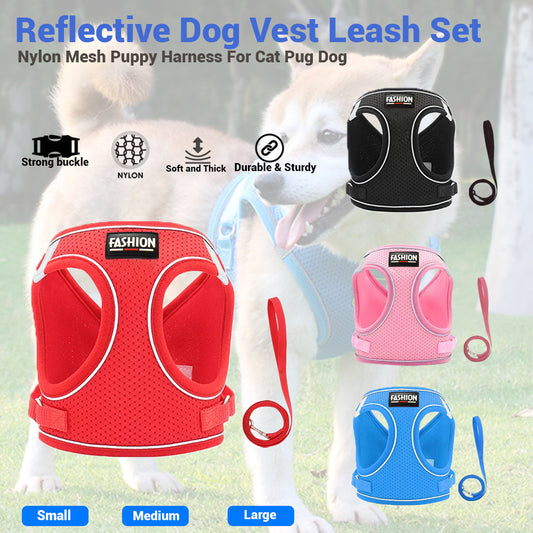 Nylon Mesh Puppy Harnesses Reflective Dog Vest Leash Set For Cat Pug Dog Small Medium Lead Walking Leash