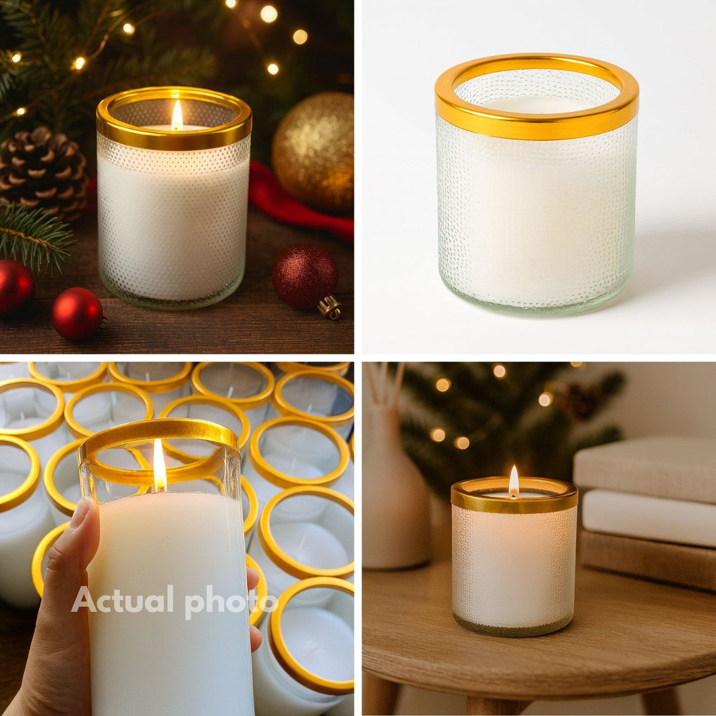 Smokeless White Glass Candle with Gold Rim – Available in 4 Sizes – Clean Burning Tapered Wax