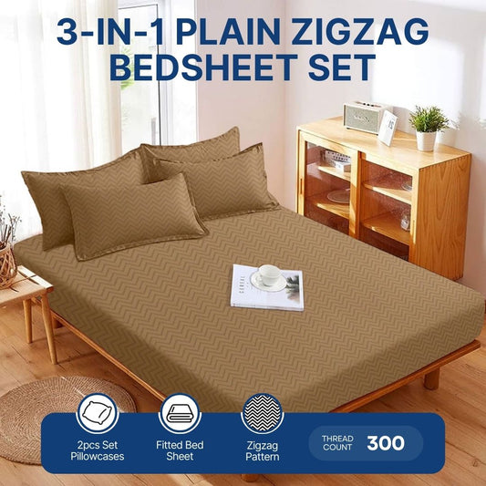 3-in-1 Plain Iced Coffee Zigzag Bedsheet Set – Fully Garterized Fitted Sheet with 2 Chevron Design Pillowcases