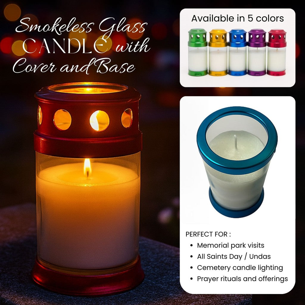 Smokeless Memorial Glass Candle with Metal Cover & Base 13.5x7cm – All Saints Day Cemetery