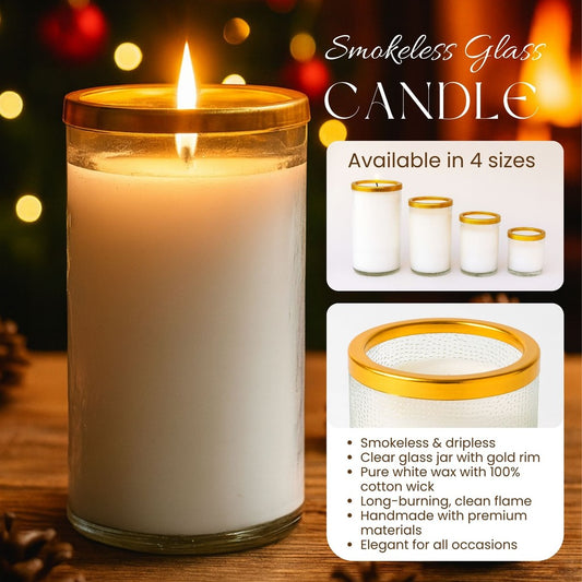 Smokeless White Glass Candle with Gold Rim – Available in 4 Sizes – Clean Burning Tapered Wax