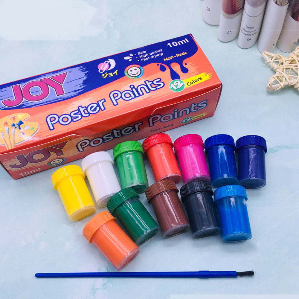 Joy Poster Paints Set 12 Colors 10ml with Brush - Non-Toxic, Washable, Water-Based, Art Supplies for Kids & Students