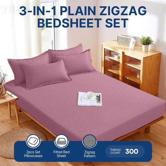 3-in-1 Plain Candle Peach Zigzag Bedsheet Set – Fully Garterized Fitted Sheet with 2 Chevron Design Pillowcases