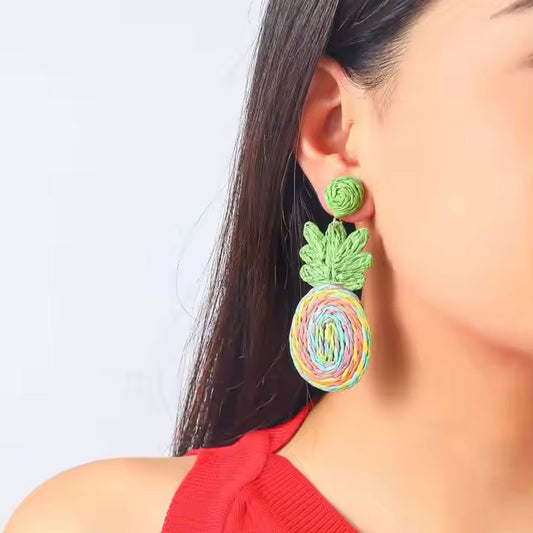 Bohemian Fashion Rattan Braid Flower & Pineapple Shaped Pendant Earrings Handmade Straw Raffia Woven