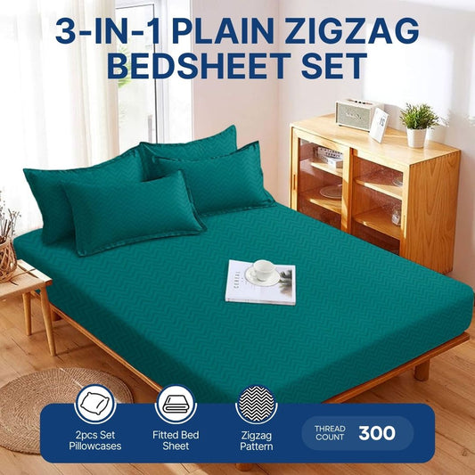 3-in-1 Plain Mint Zigzag Bedsheet Set – Fully Garterized Fitted Sheet with 2 Chevron Design Pillowcases