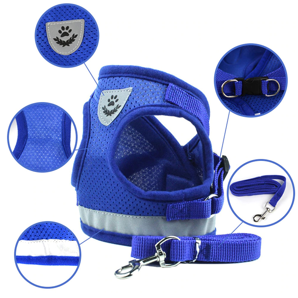 Adjustable Breathable Pet Harness with Leash for Small Dogs & Cats - No Pull Vest, Reflective Safety Design