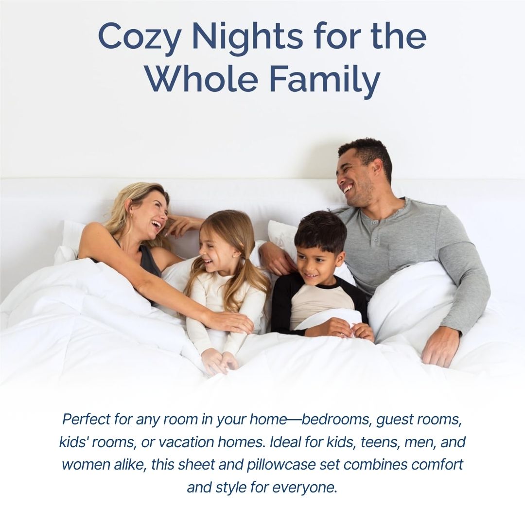 4-in-1 White Stripe Bedsheet Set with 2 Pillowcases, Fitted Sheet, and Zippered Duvet Cover