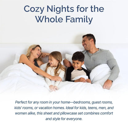 4-in-1 White Stripe Bedsheet Set with 2 Pillowcases, Fitted Sheet, and Zippered Duvet Cover