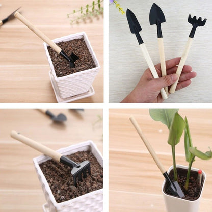 3pcs Mini Long Handle Garden Tool Sets Mini Shovel Rake Spade Wooden Handle Metal Head