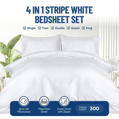 4-in-1 White Stripe Bedsheet Set with 2 Pillowcases, Fitted Sheet, and Zippered Duvet Cover