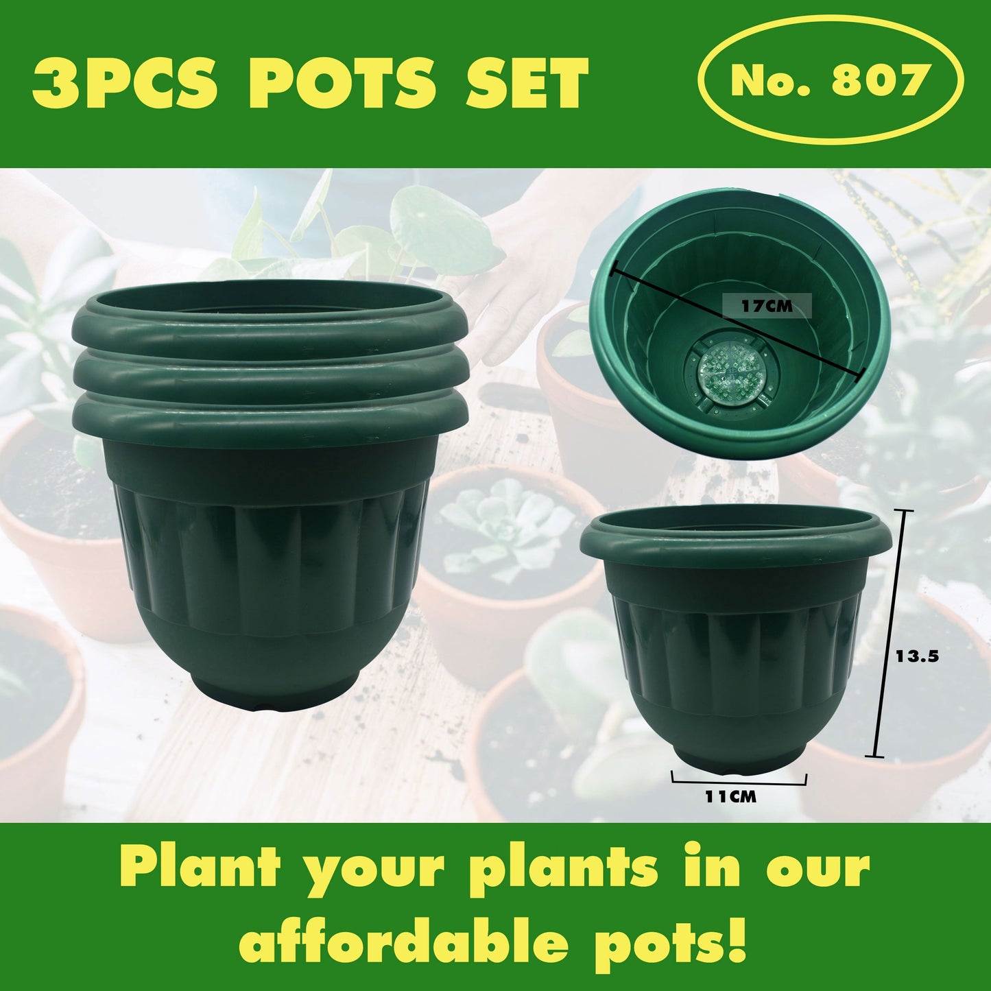 3PCS White and Green Plastic Plant Pots Set No. 807 – Durable Flower Pots for Home & Garden | 13.5x17x11cm Planters