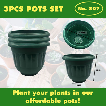 3PCS White and Green Plastic Plant Pots Set No. 807 – Durable Flower Pots for Home & Garden | 13.5x17x11cm Planters