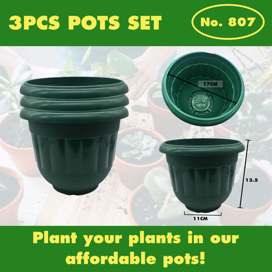 3PCS White and Green Plastic Plant Pots Set No. 807 – Durable Flower Pots for Home & Garden | 13.5x17x11cm Planters